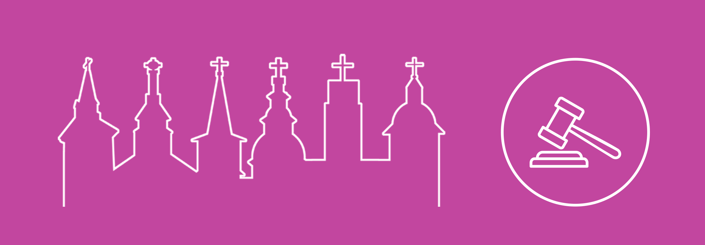 Graafinen kaupunkikuva jossa kirkko ja risti katolla sekä puheenjohtajan nuija.