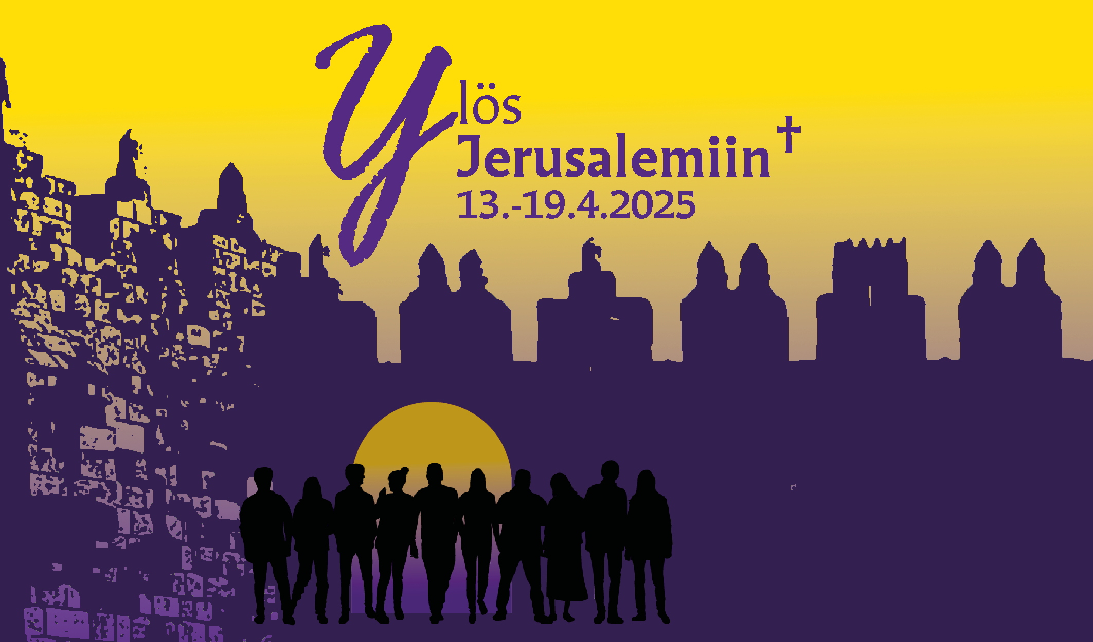 Jerusalemin muurit ja portti, taivas hohtaa keltaisena, ihmisiä.