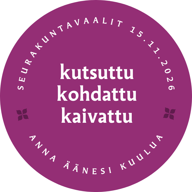 Ympyrä jossa teksti: kutsuttu, kohdattu, kaivattu. Seurakuntavaalit 15.11.2026. Anna äänesi kuulua.