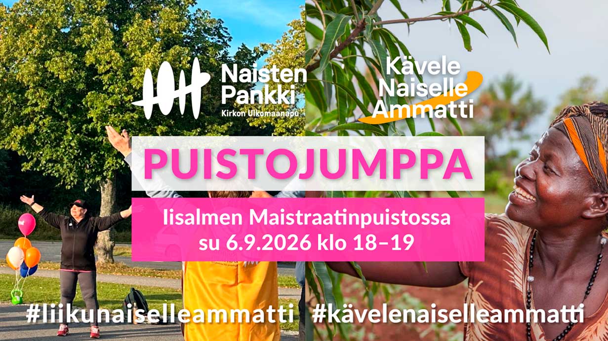 Naisia jumppaamassa puistossa ja teksti puistojumppa Maistraatinpuistossa 6.9.