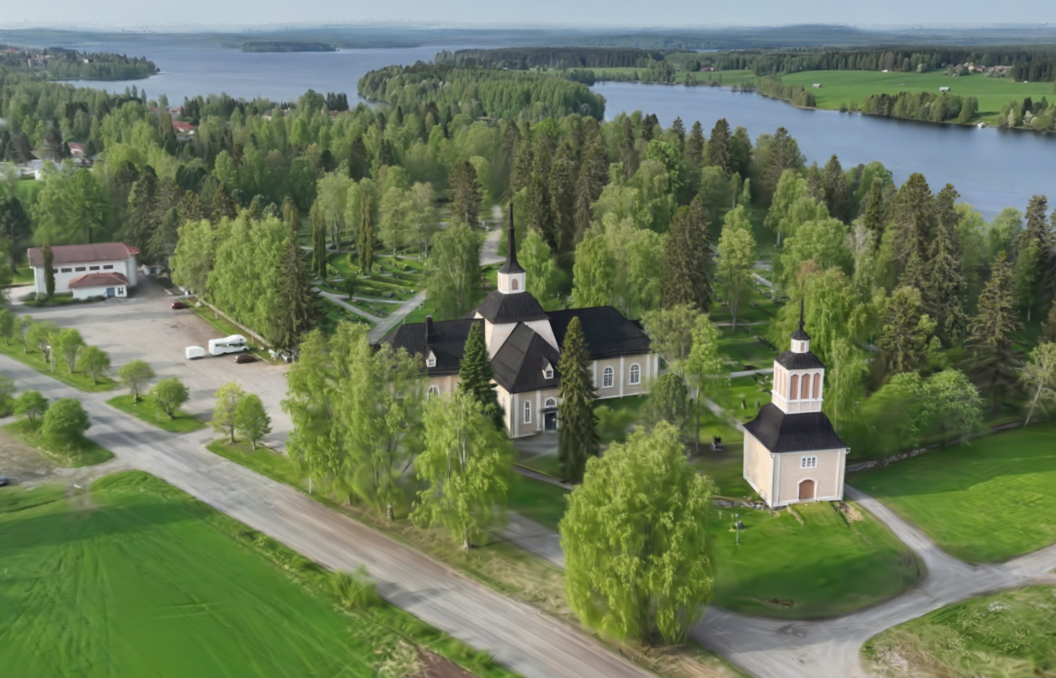 Kustaa Aadolfin kirkko yläilmoista kuvattuna.