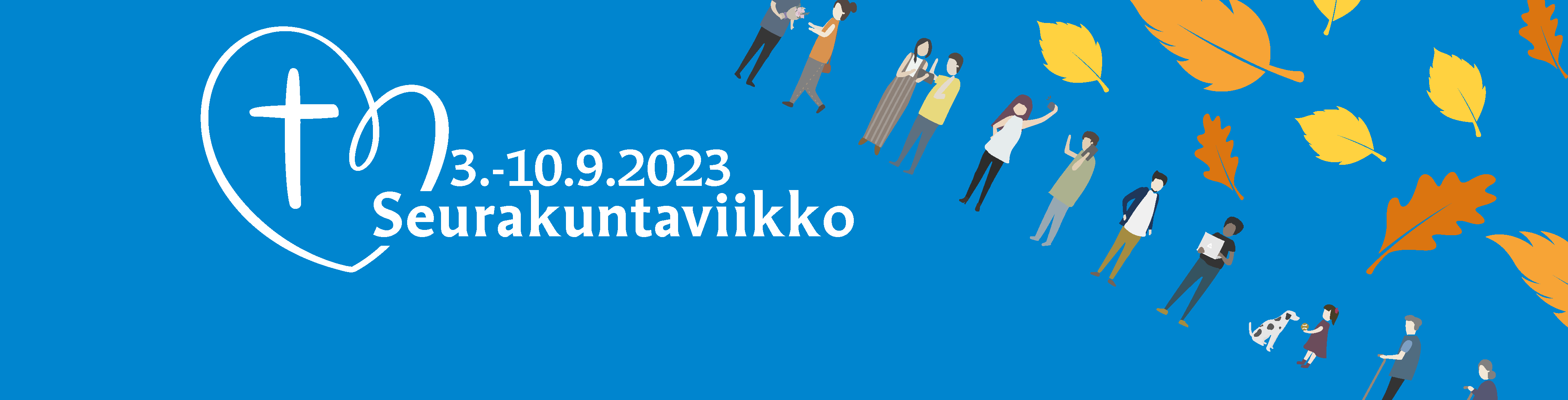 Graafisia ihmisiä ja syksyisiä lehtiä, teksti: seurakuntaviikko 3.-10.9.2023.