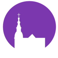 Varpaisjärven kirkon siluetti violetilla taustalla.