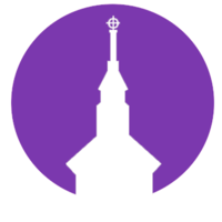 Lapinlahden kirkon tornin siluetti violetilla taustalla.