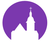 Sonkajärven kirkon siluetti violetilla taustalla.