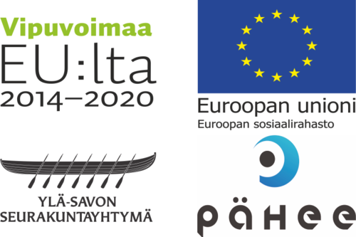 4 logoa, ELY-keskuksen vipuvoimaa, EU union ESR, Ylä-Savon seurakuntayhtymän ja Pähee-hankkeen logot